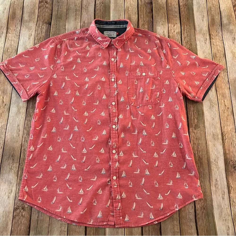 Denim & Flower mens short sleeve sailboat printed button down shirt | size XL - Picture 11 of 11
